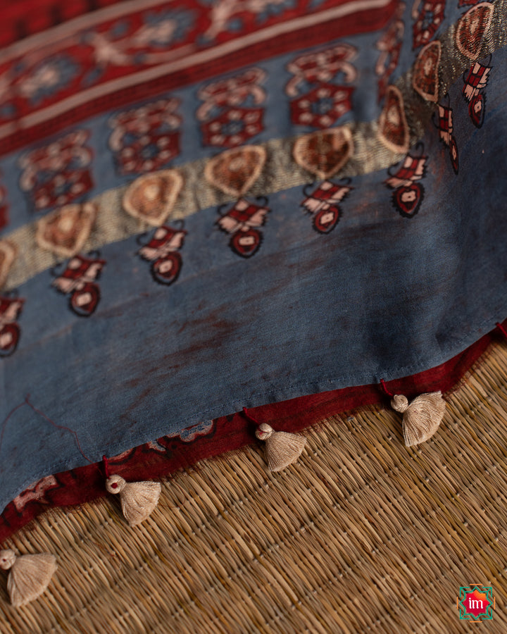 Red Ajrakh Handblock Chanderi Silk Cotton Saree Meghamalhar-5-The Indian Motif