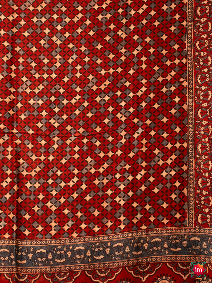 Red Blue Floral Ajrakh Handblock Chanderi Silk Cotton Saree Diamond Love-3-The Indian Motif