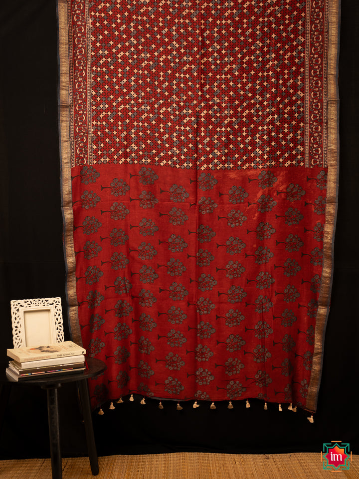 Red Blue Floral Ajrakh Handblock Chanderi Silk Cotton Saree Diamond Love-5-The Indian Motif