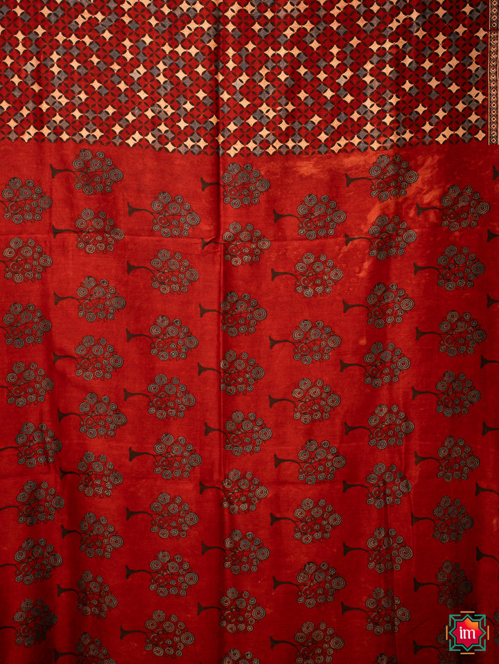 Red Blue Floral Ajrakh Handblock Chanderi Silk Cotton Saree Diamond Love-6-The Indian Motif