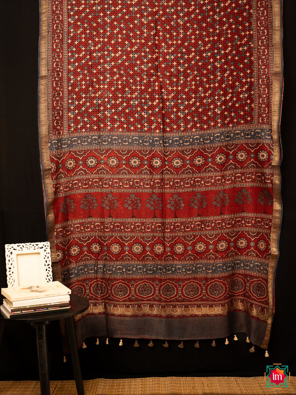 Red Blue Floral Ajrakh Handblock Chanderi Silk Cotton Saree Diamond Love-The Indian Motif