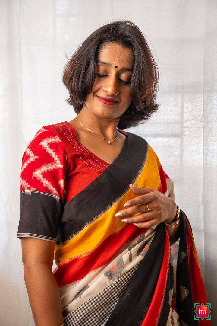 Red Cotton Ikkat Hand Embroidery Blouse Hamsadhwani-1-The Indian Motif