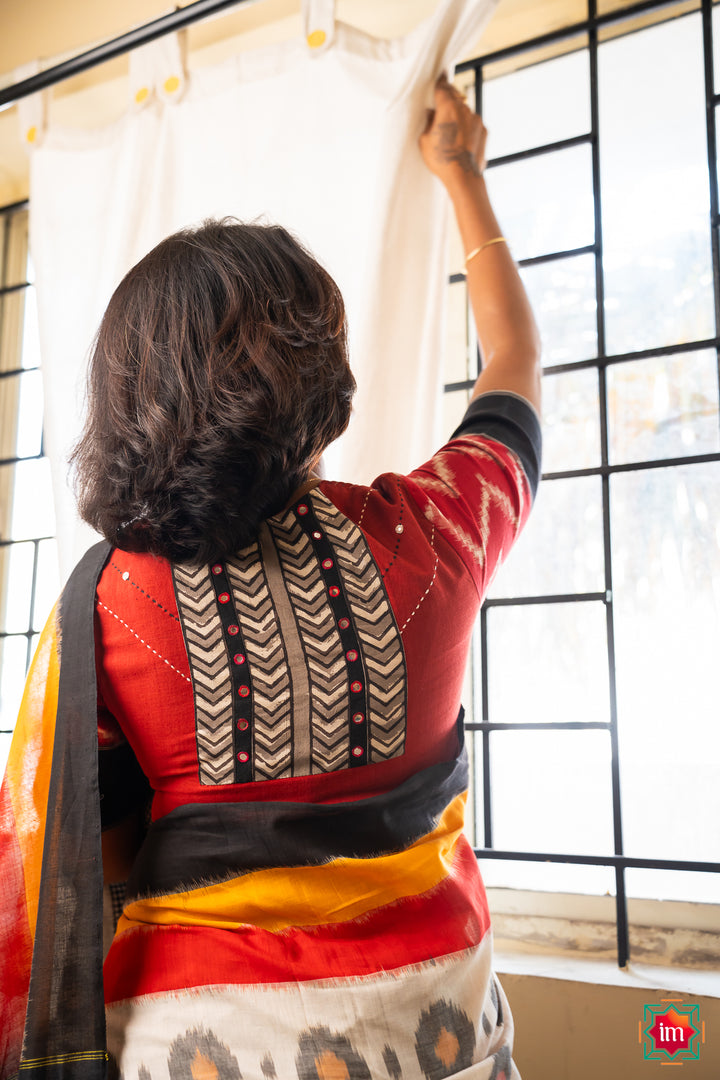 Red Cotton Ikkat Hand Embroidery Blouse Hamsadhwani-2-The Indian Motif