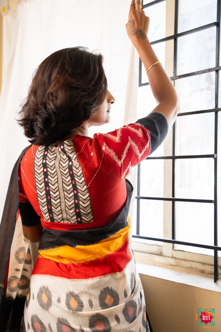 Red Cotton Ikkat Hand Embroidery Blouse Hamsadhwani-3-The Indian Motif
