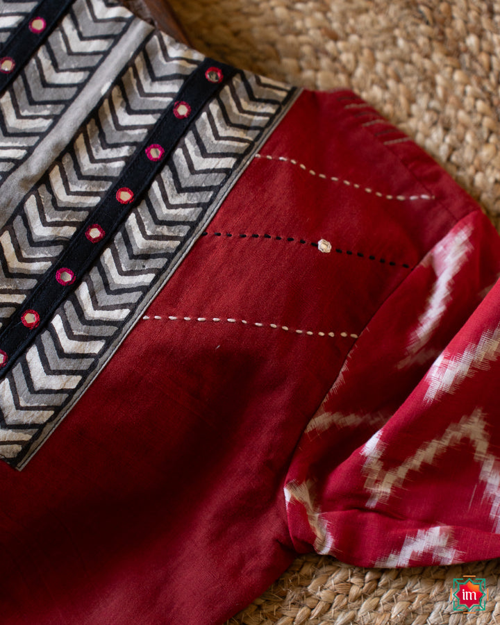 Red Cotton Ikkat Hand Embroidery Blouse Hamsadhwani-9-The Indian Moti