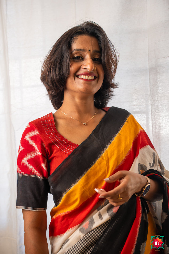 Red Cotton Ikkat Hand Embroidery Blouse Hamsadhwani-The Indian Motif