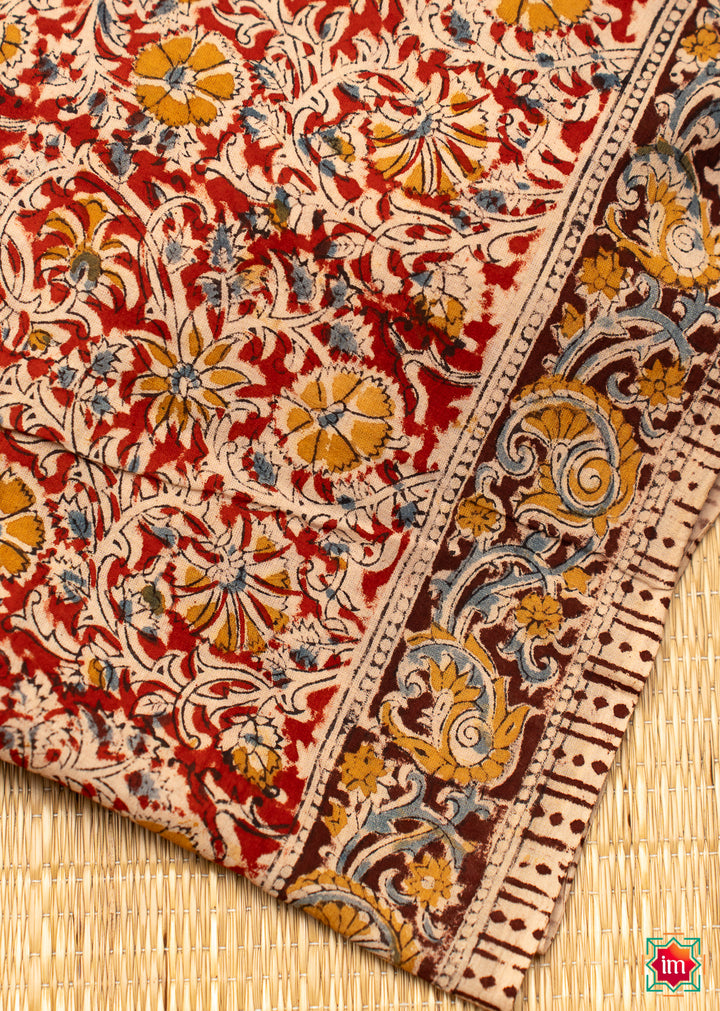Red-Floral-Machilipatnam-Handblock -mul-Cotton-Saree-Kimaya-1-The-Indian-motif