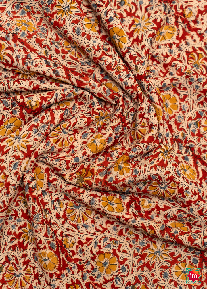 Red-Floral-Machilipatnam-Handblock -mul-Cotton-Saree-Kimaya-2-The-Indian-motif