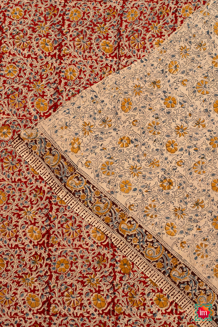 Red-Floral-Machilipatnam-Handblock -mul-Cotton-Saree-Kimaya-8-The-Indian-motif
