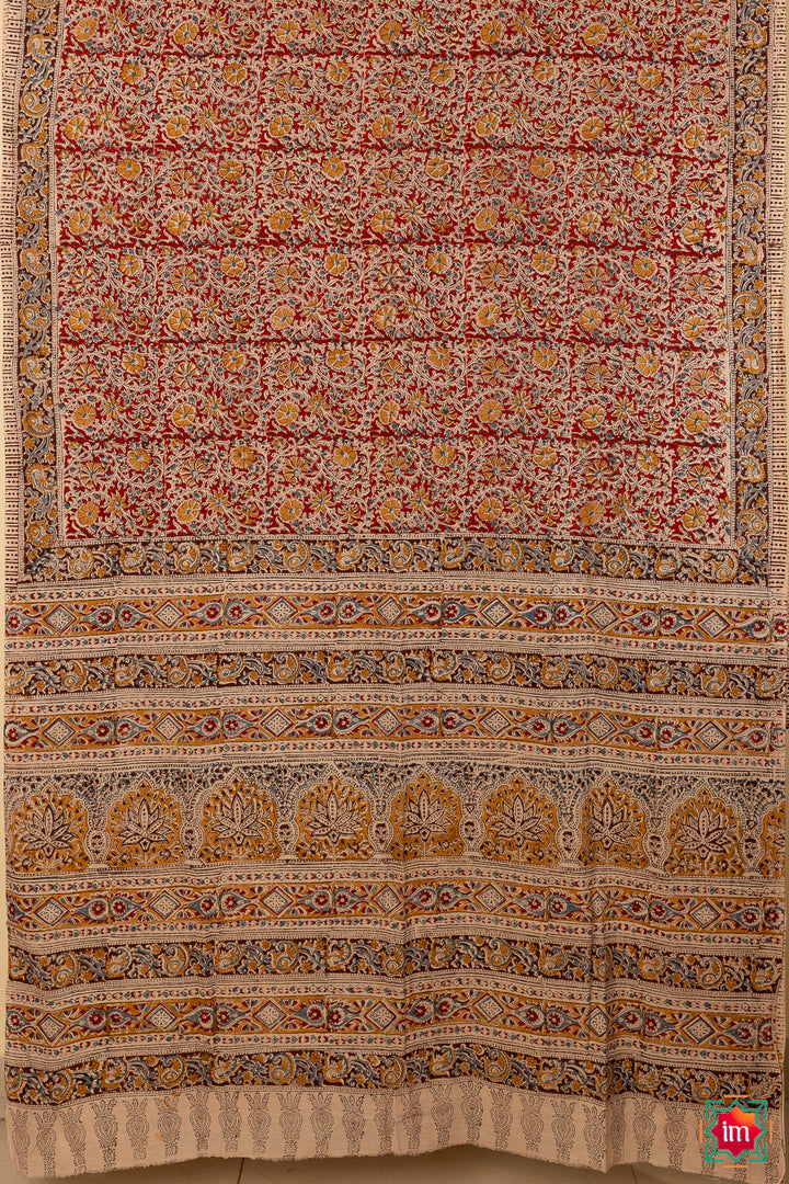 Red-Floral-Machilipatnam-Handblock -mul-Cotton-Saree-Kimaya-The-Indian-motif