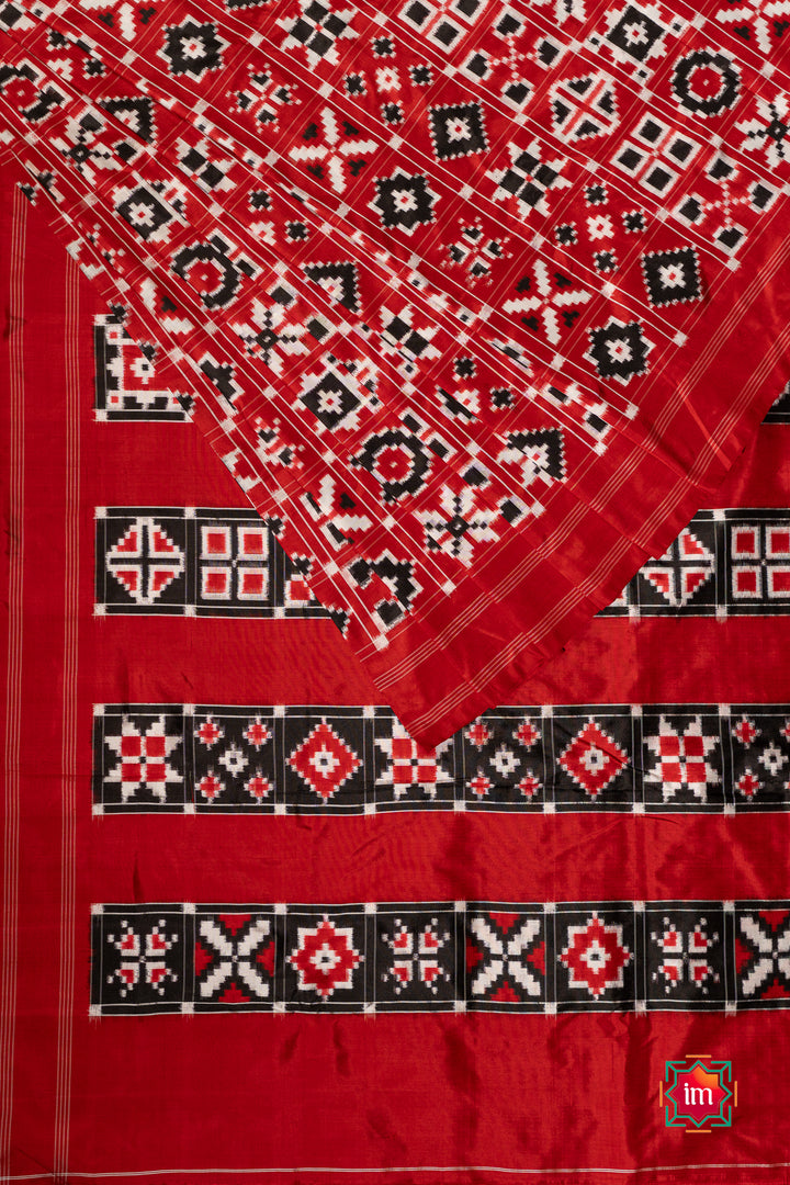Red Telia Rumal Inspired Pochampally Double Ikkat Silk Saree Paalki-The Indian Motif