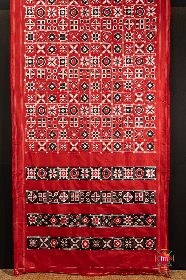 Red Telia Rumal Inspired Pochampally Double Ikkat Silk Saree Paalki-2-The Indian Motif