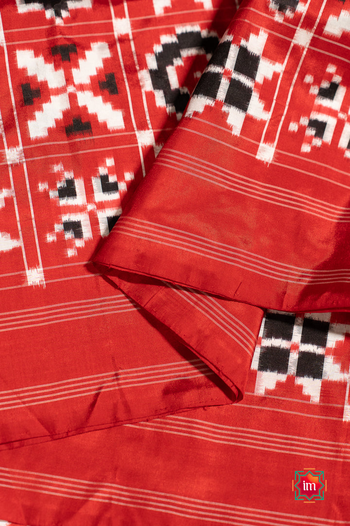 Red Telia Rumal Inspired Pochampally Double Ikkat Silk Saree Paalki-4-The Indian Motif