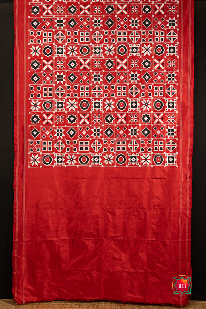 Red Telia Rumal Inspired Pochampally Double Ikkat Silk Saree Paalki-8-The Indian Motif