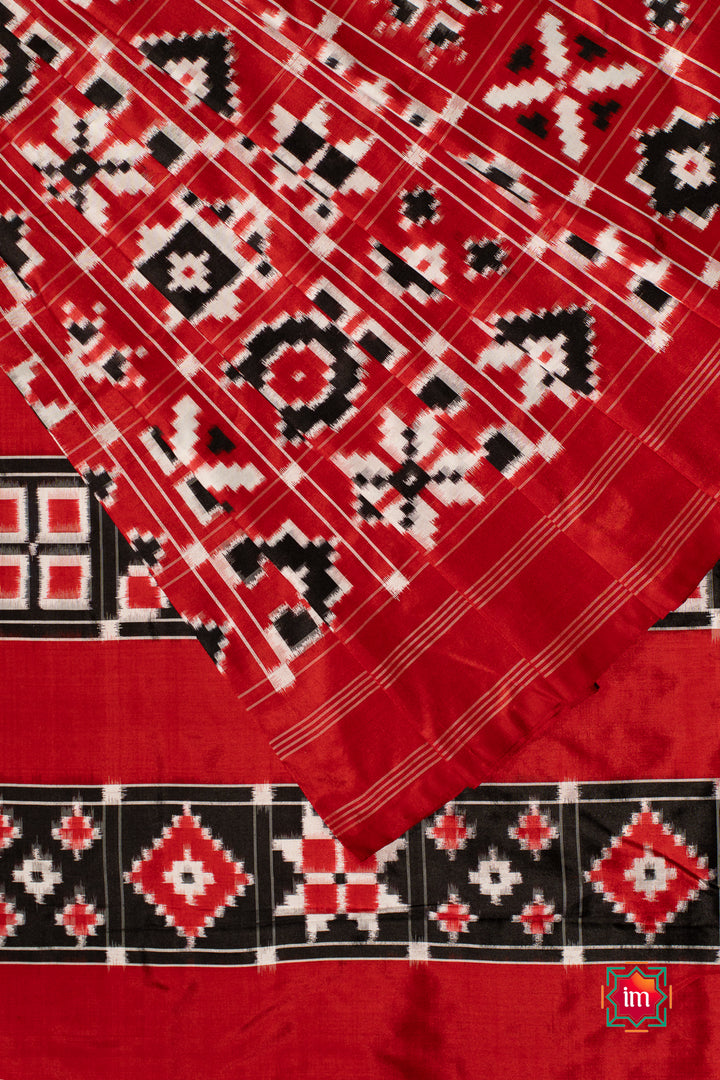 Red Telia Rumal Inspired Pochampally Double Ikkat Silk Saree Paalki-1-The Indian Motif