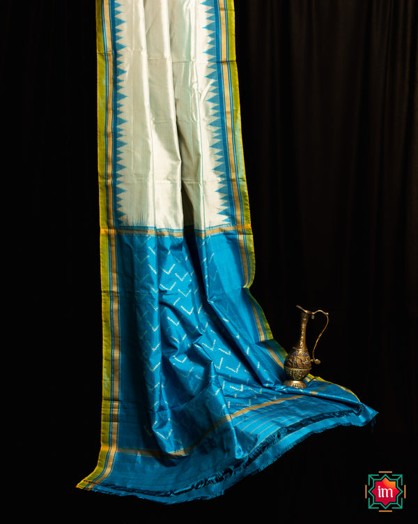 White Turquoise Pochampally Ikkat Silk Saree Trisha