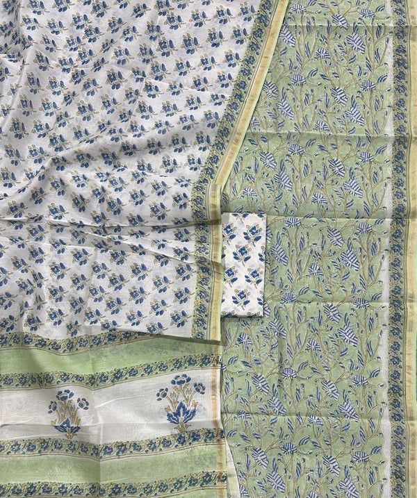 Fern Green Floral Bagru Handblock Printed Chanderi Silk Cotton Unstitched Set