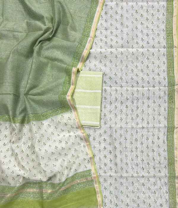 White Pastel Green Floral Bagru Handblock Printed Chanderi Silk Cotton Unstitched Set