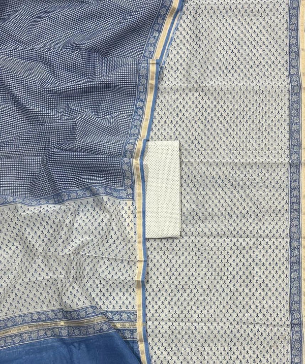 White Blue Contemporary Bagru Handblock Printed Chanderi Silk Cotton Unstitched Set