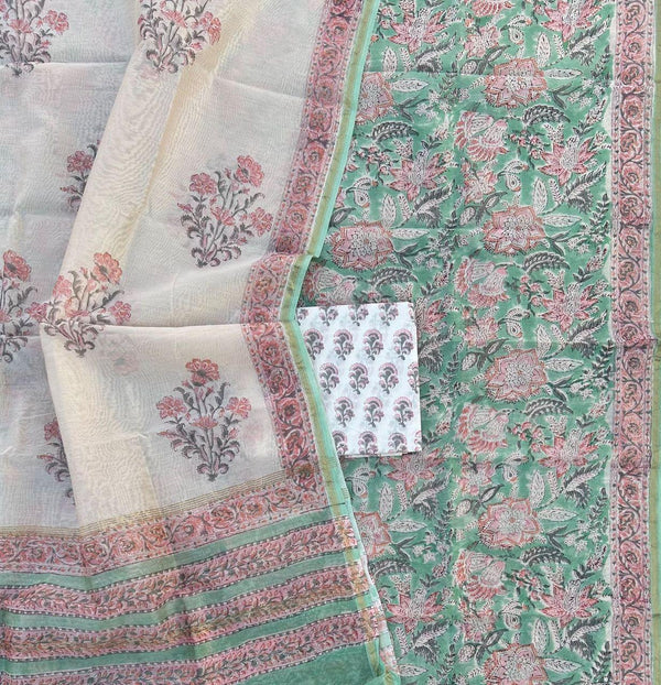 Mint Green Floral Bagru Handblock Printed Chanderi Silk Cotton Unstitched Set