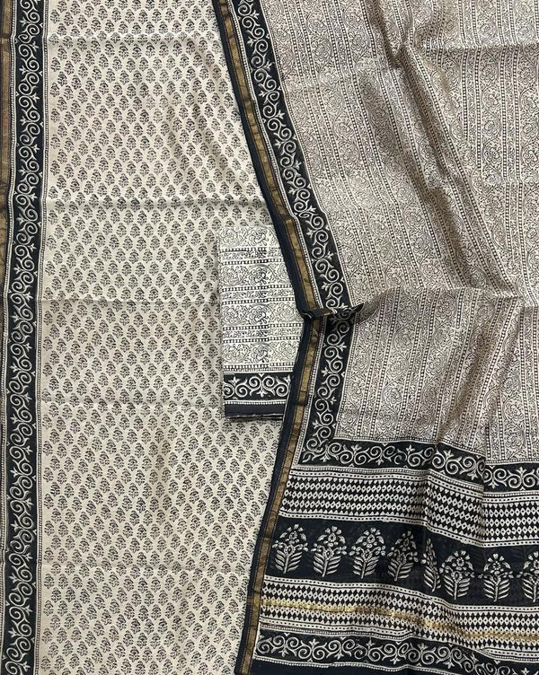 White Black Classic Bagru Handblock Printed Chanderi Silk Cotton Unstitched Set