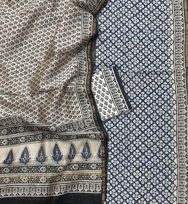 Blue Black Classic Bagru Handblock Printed Chanderi Silk Cotton Unstitched Set