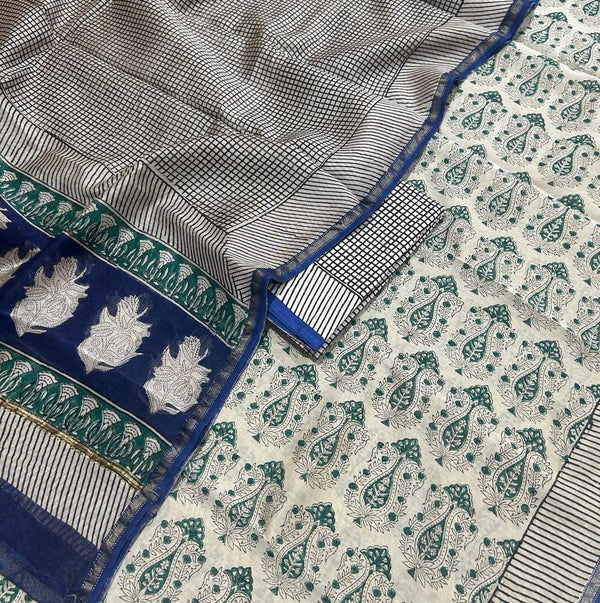 Cream Blue Classic Bagru Handblock Printed Chanderi Silk Cotton Unstitched Set