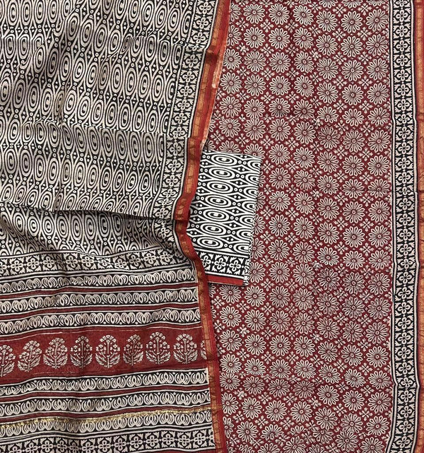 Red Black Classic Bagru Handblock Printed Chanderi Silk Cotton Unstitched Set