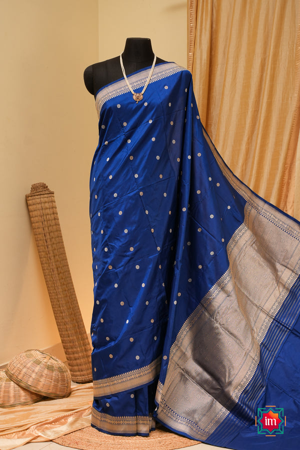 Royal-Blue-Banarasi-Katan-Silk-Handloom-Saree-with-Silver-Zari-Buttas-The-Indian-Motif