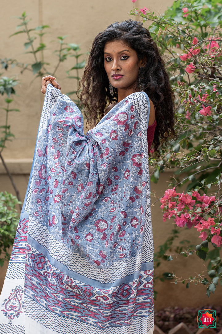 Sky Blue Bagru Handblock Printed Mul Saree Floral Sky-1-The Indian  Motif
