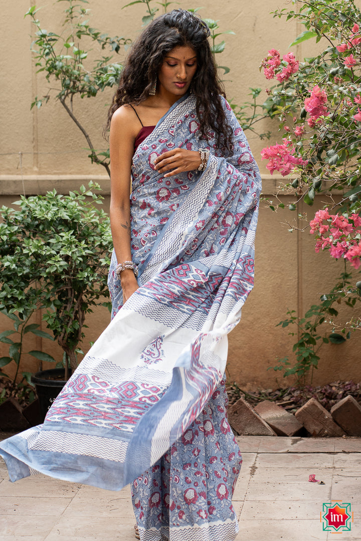 Sky Blue Bagru Handblock Printed Mul Saree Floral Sky-2-The Indian  Motif