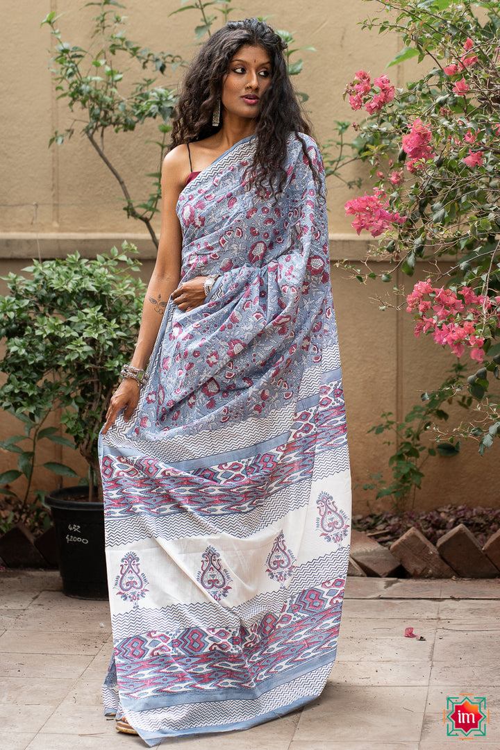 Sky Blue Bagru Handblock Printed Mul Saree Floral Sky-3-The Indian  Motif
