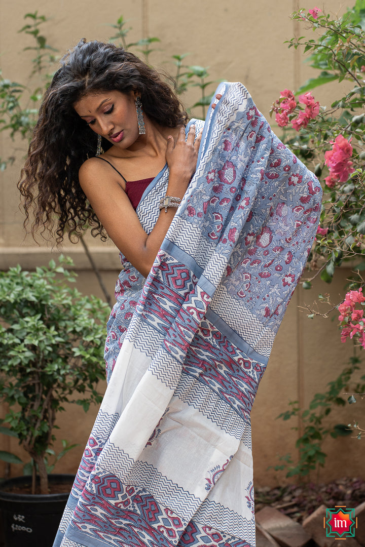 Sky Blue Bagru Handblock Printed Mul Saree Floral Sky-4-The Indian  Motif