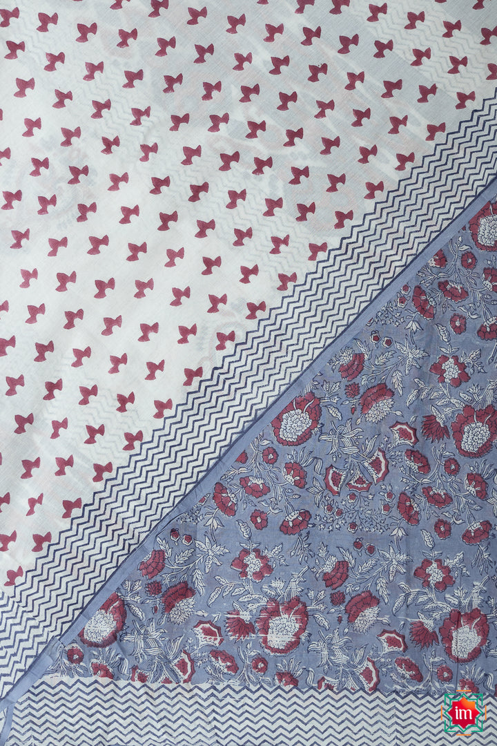 Sky Blue Bagru Handblock Printed Mul Saree Floral Sky-5-The Indian  Motif
