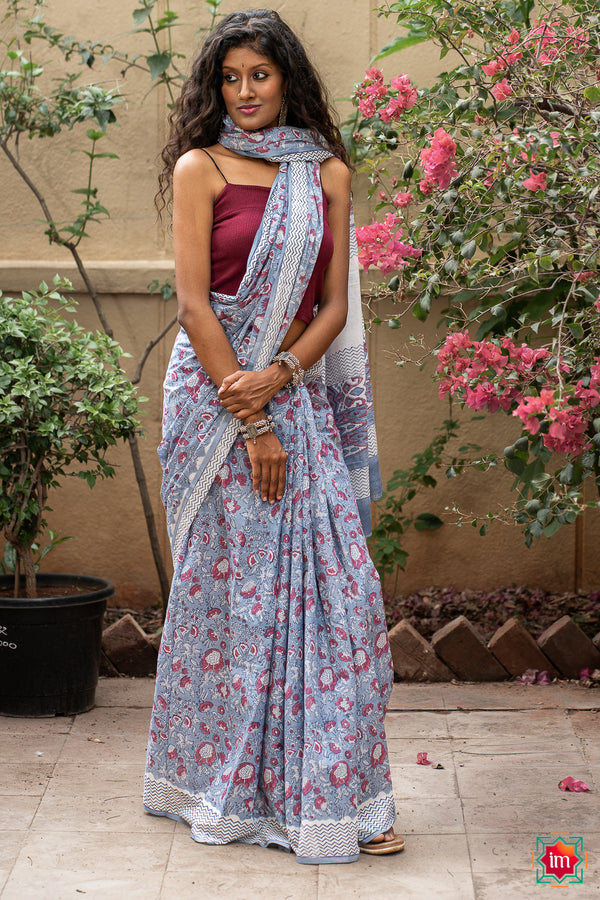 Sky Blue Bagru Handblock Printed Mul Saree Floral Sky-The Indian Motif
