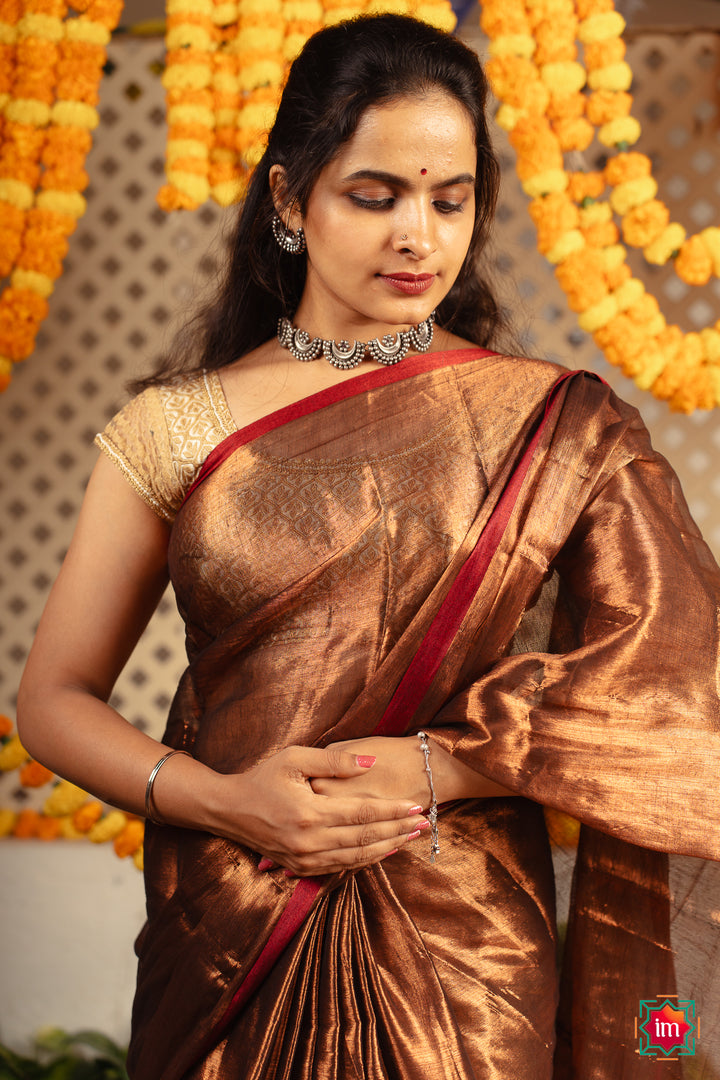 Sunrise Orange Tissue By Cotton Saree Jannat-2-The Indian Motif