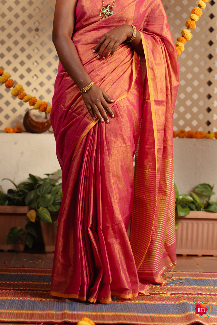 Sunrise Orange Tissue By Linen Saree Haseena -4-The Indian Motif