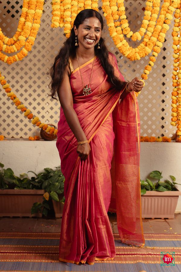 Sunrise Orange Tissue By Linen Saree Haseena-The Indian Motif