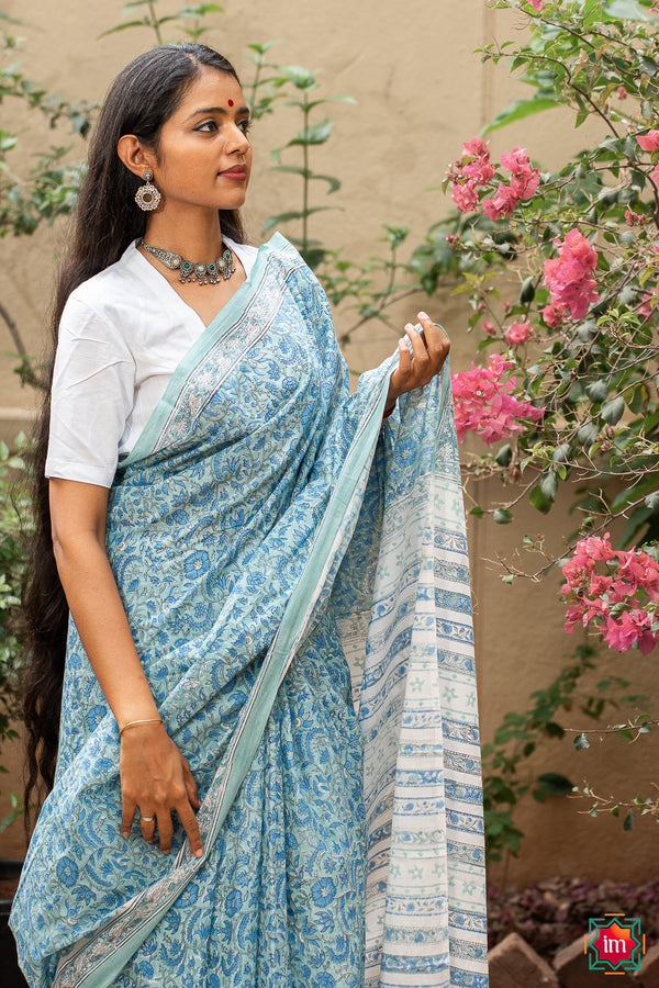 Teal Bagru Handblock Printed Mul Saree Floral Magic-The Indian Motif