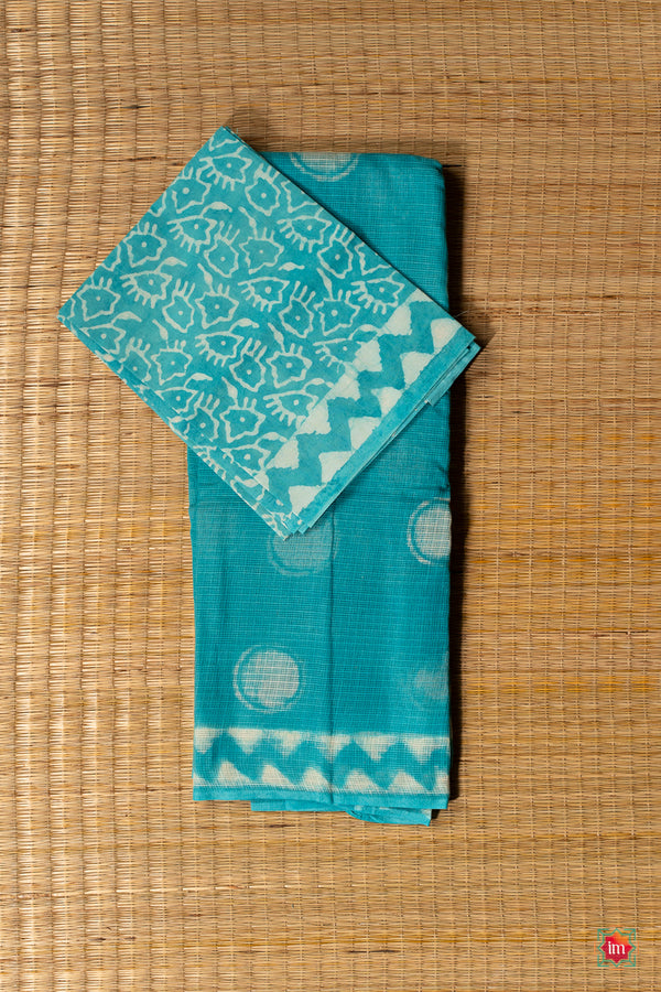 Turquoise Blue Bagru Handblock Printed Kota Doria Saree Jhumroo-The Indian Motif