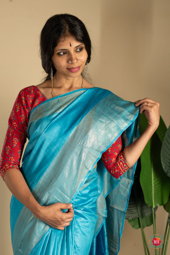 Turquoise-Blue-Tussar-Handwoven-Silk-Saree-1-The-Indian-Motif