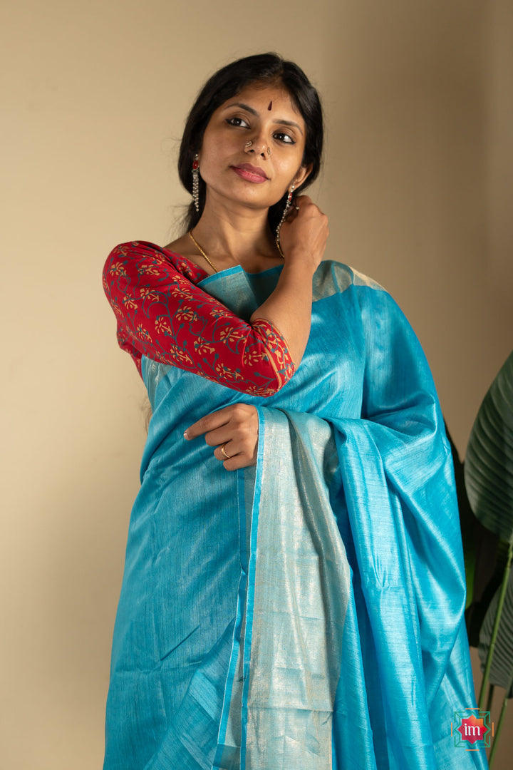 Turquoise-Blue-Tussar-Handwoven-Silk-Saree-2-The-Indian-Motif