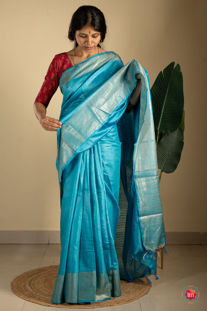 Turquoise-Blue-Tussar-Handwoven-Silk-Saree-3-The-Indian-Motif