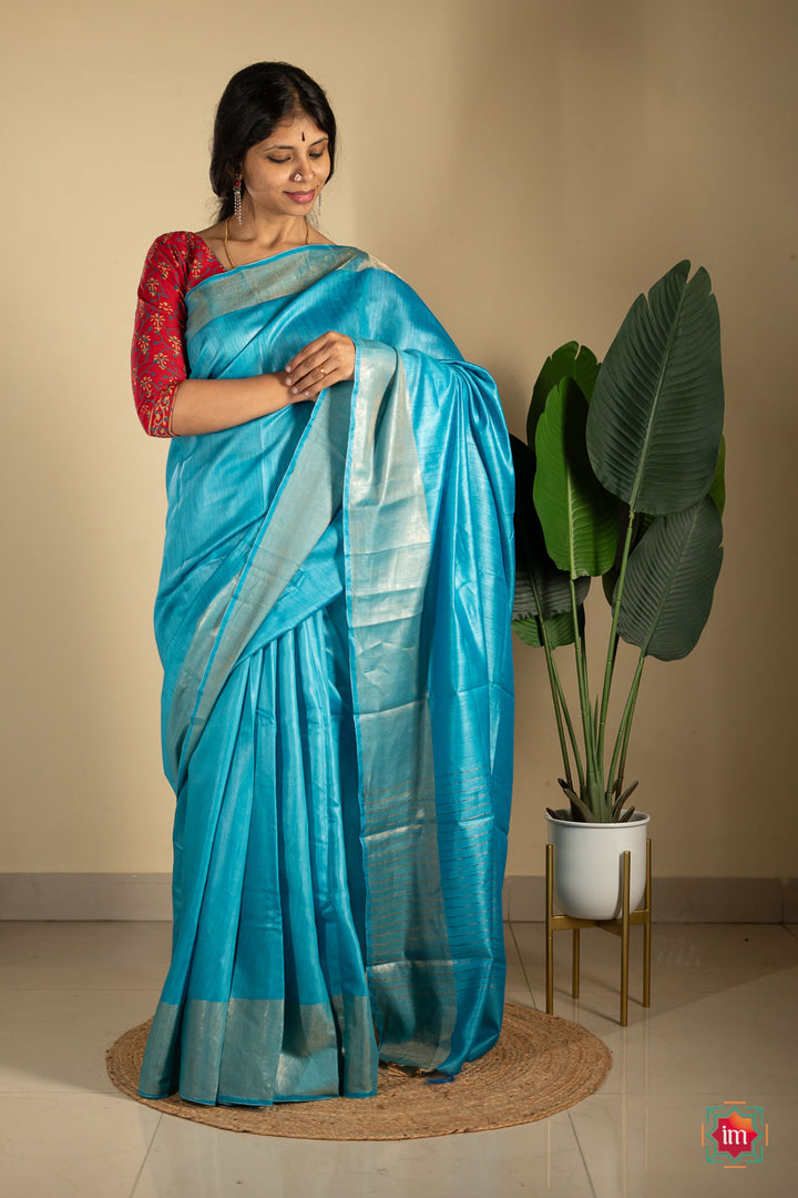 Turquoise-Blue-Tussar-Handwoven-Silk-Saree-4-The-Indian-Motif