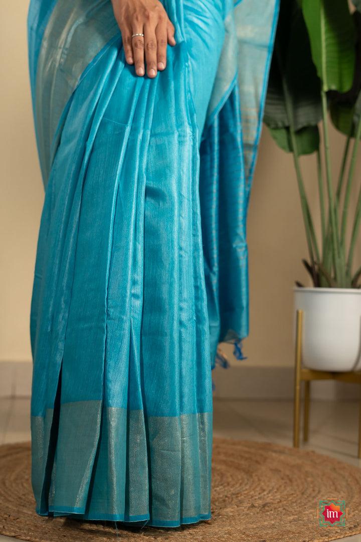 Turquoise-Blue-Tussar-Handwoven-Silk-Saree-5-The-Indian-Motif