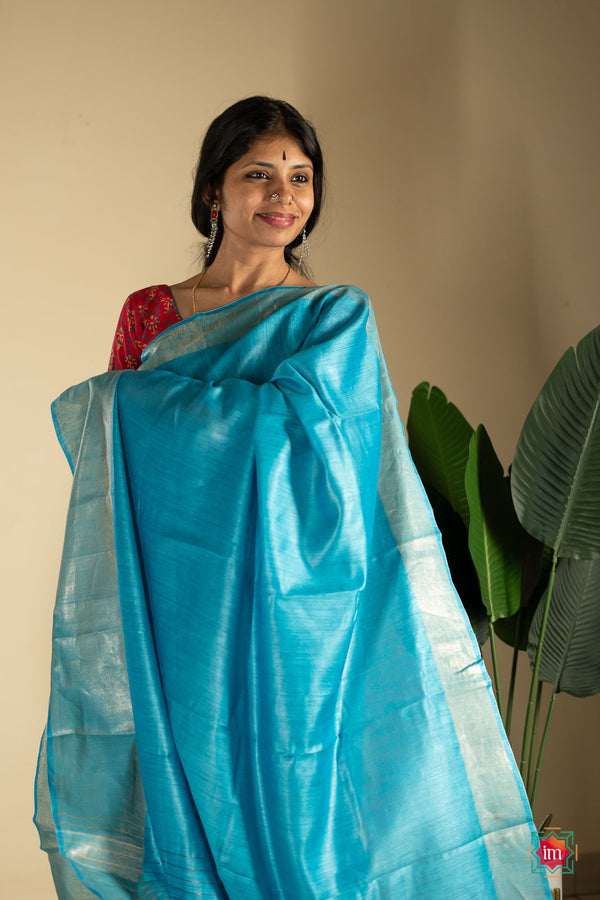 Turquoise-Blue-Tussar-Handwoven-Silk-Saree-The-Indian-Motif