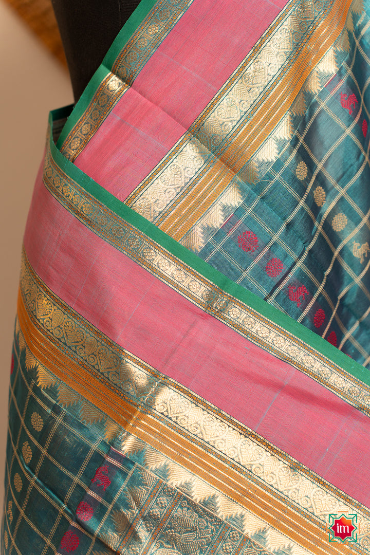 Turquoise-Blue-With-Pink-1000-Butta-Handloom-Kanchi-Silk-Cotton-Dupatta-Nadee-1-The-Indian-Motif