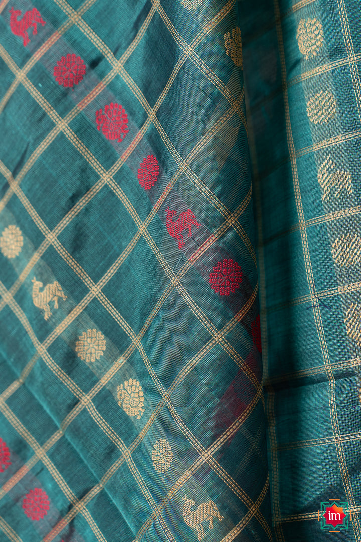 Turquoise-Blue-With-Pink-1000-Butta-Handloom-Kanchi-Silk-Cotton-Dupatta-Nadee-3-The-Indian-Motif