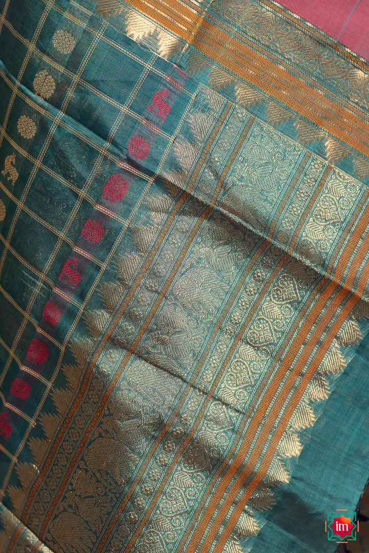 Turquoise-Blue-With-Pink-1000-Butta-Handloom-Kanchi-Silk-Cotton-Dupatta-Nadee-4-The-Indian-Motif