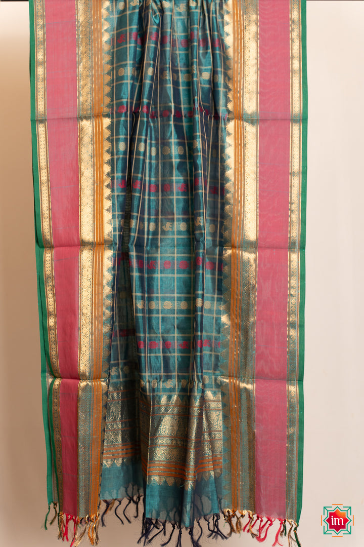 Turquoise-Blue-With-Pink-1000-Butta-Handloom-Kanchi-Silk-Cotton-Dupatta-Nadee-5-The-Indian-Motif